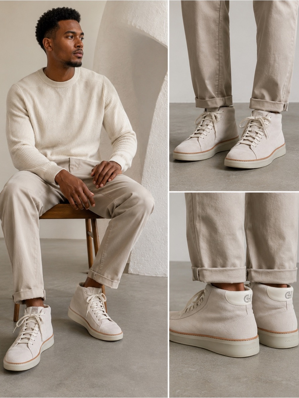 Cole Haan Suede High-Top Sneakers in Sand/Off-White